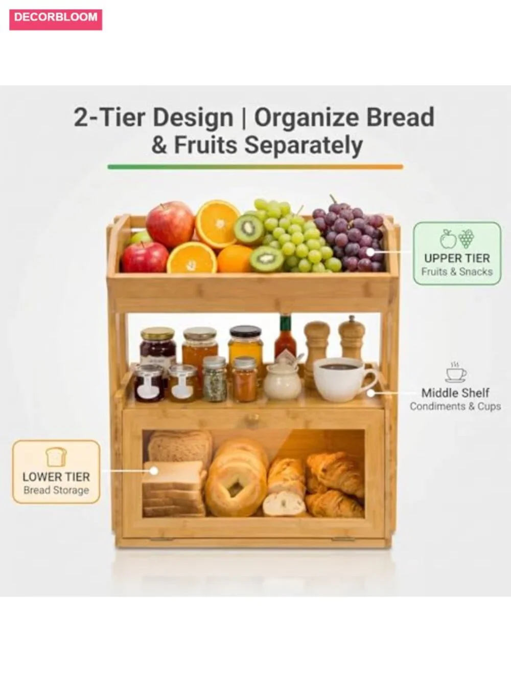 3-Tier Bamboo Bread Box with Fruit Basket for Kitchen Countertop Storage